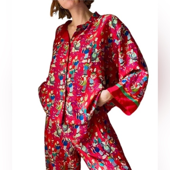 Josie Natori Geisha Tea Garden Crop Pants Pajama Set Red Sleep